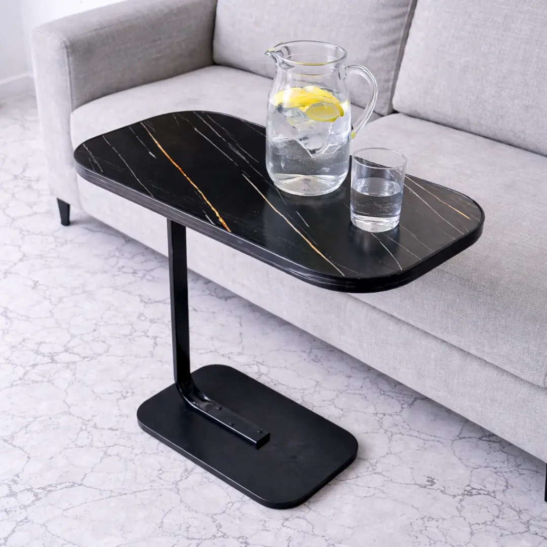 C-Shaped Sofa Side Table Black Marble Texture (Fixed Height) - Image 3