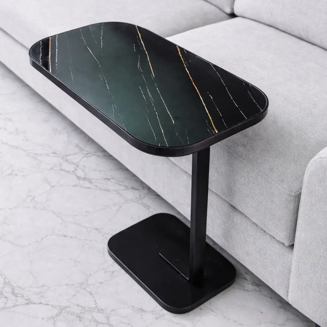 C-Shaped Sofa Side Table Black Marble Texture (Fixed Height) - Image 2