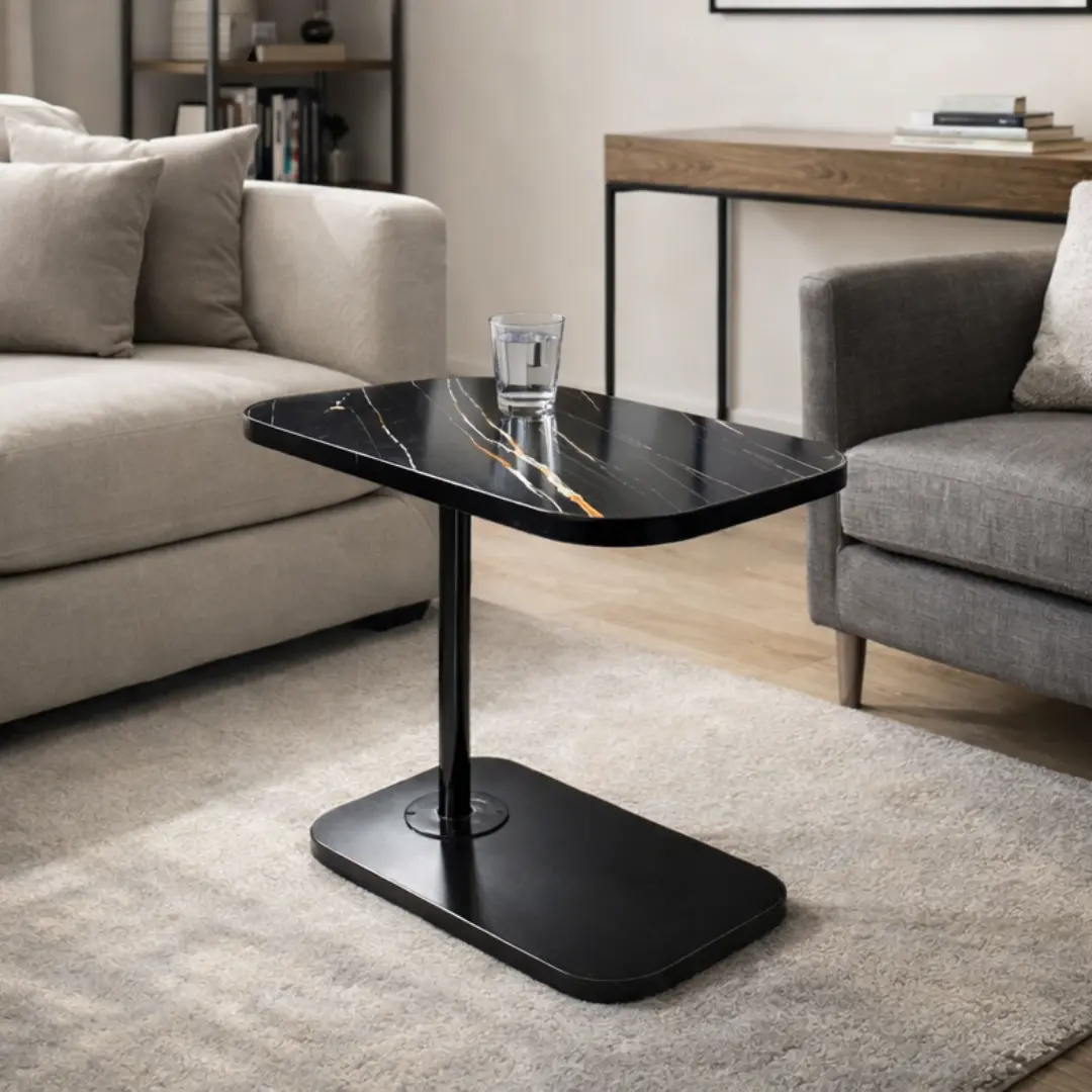 Height Adjustable C-shaped sofa side Table Black Marble Texture - Image 3